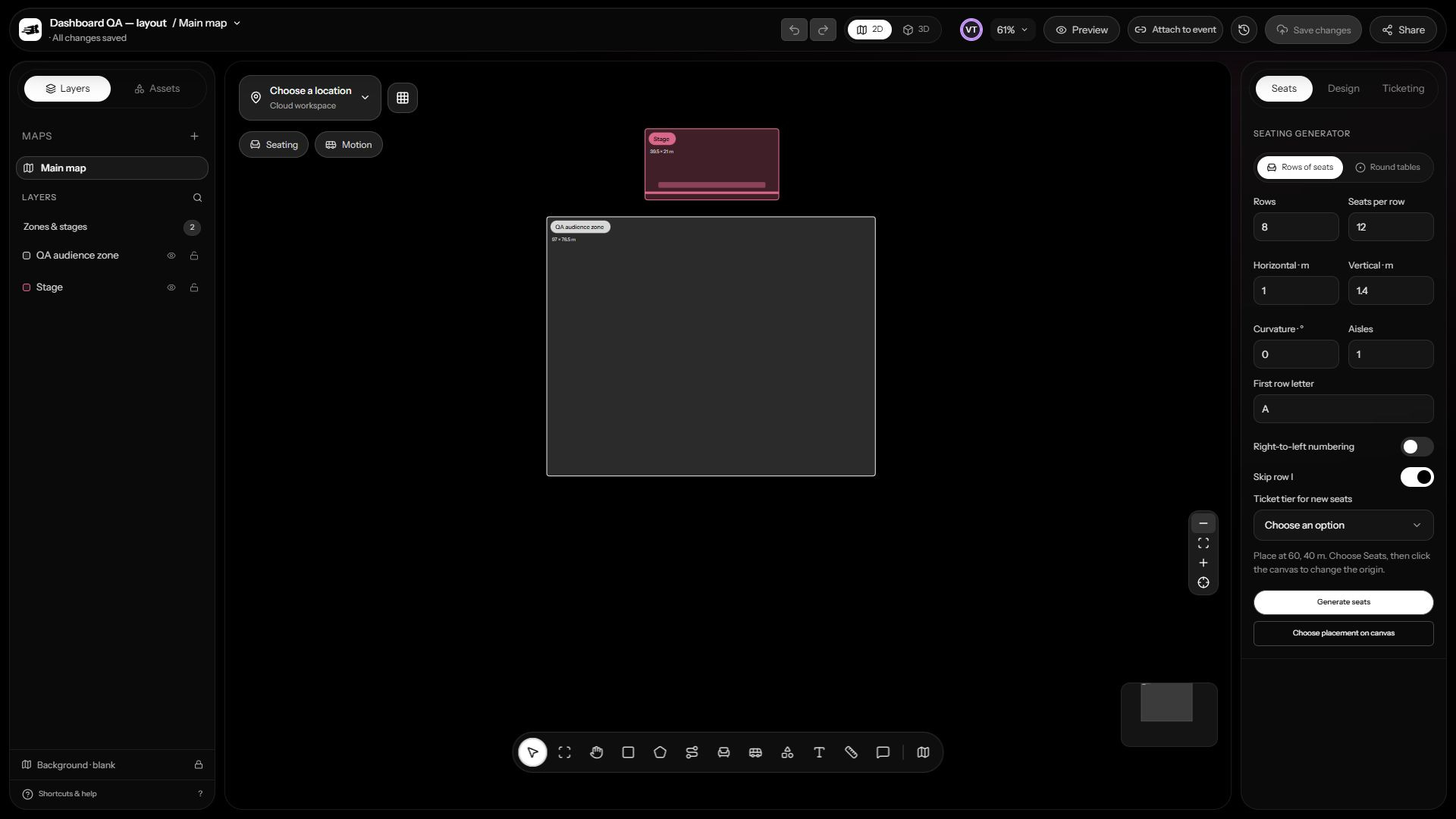 Seating editor with the row generator and ticket tier controls