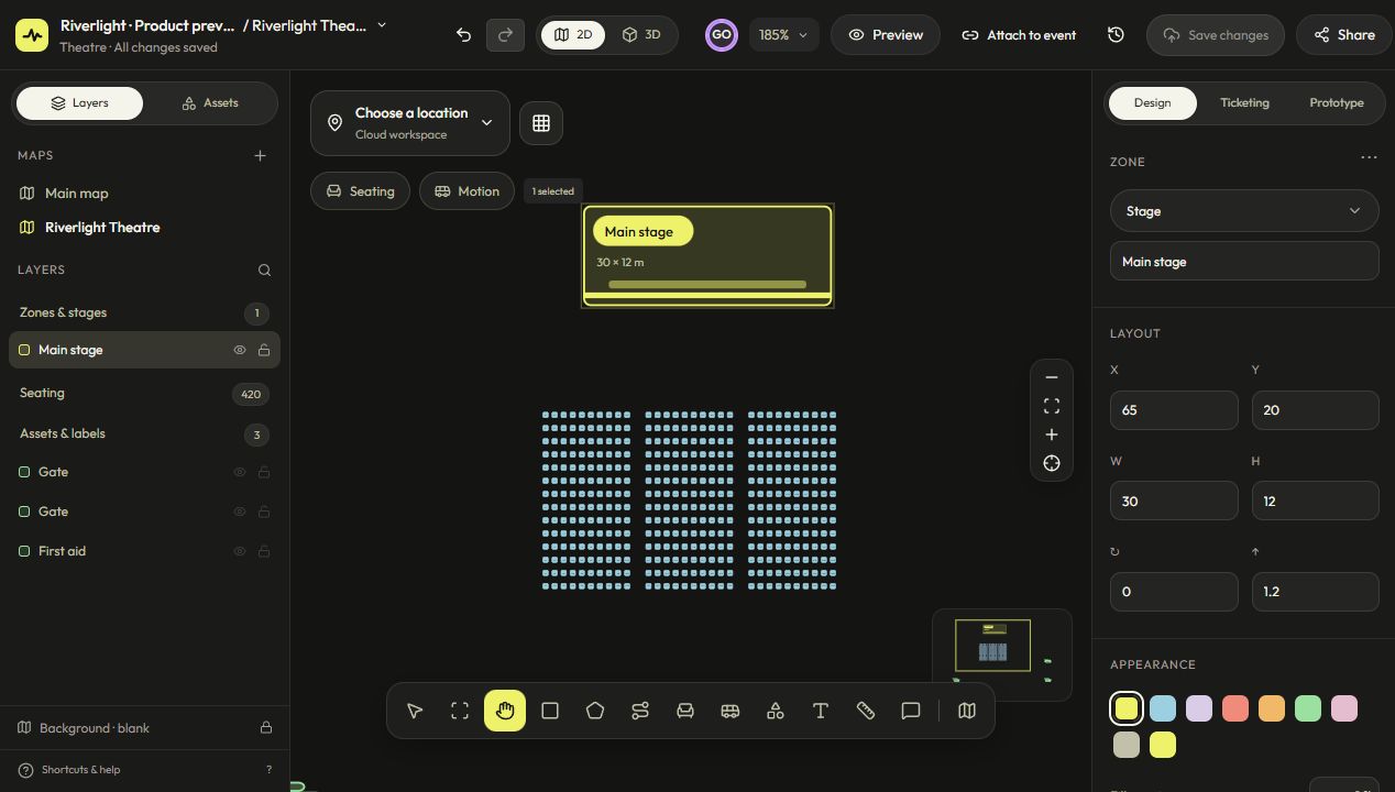 Current VenuDash Event Mapper with a stage, seating layout, layer tools and object properties